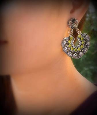 Oxidized Metal Earrings With Stones  Green 3