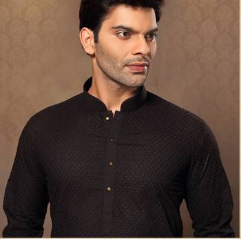 Black Cotton And Poly Embroidered Kurta Pajama 4