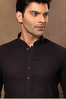 Black Cotton And Poly Embroidered Kurta Pajama