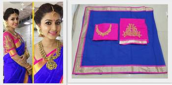 light_blue plain chanderi saree with blouse 2