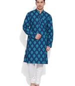 blue cotton printed stitched kurta