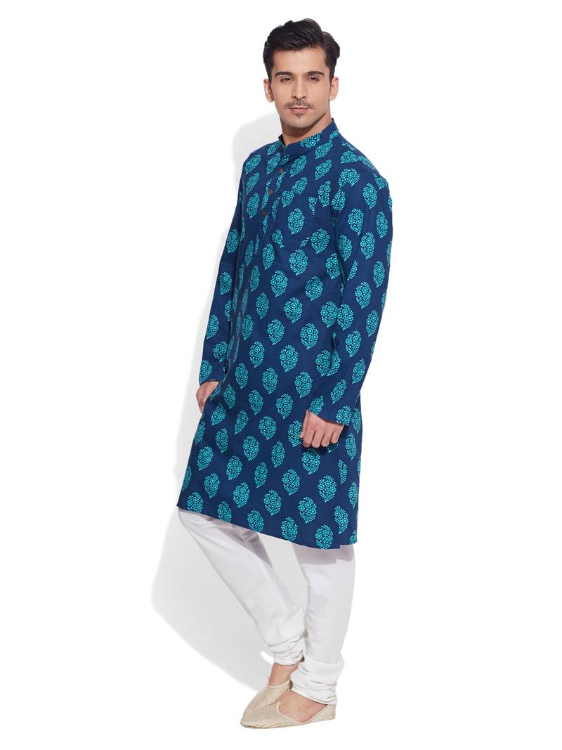 blue cotton printed stitched kurta
