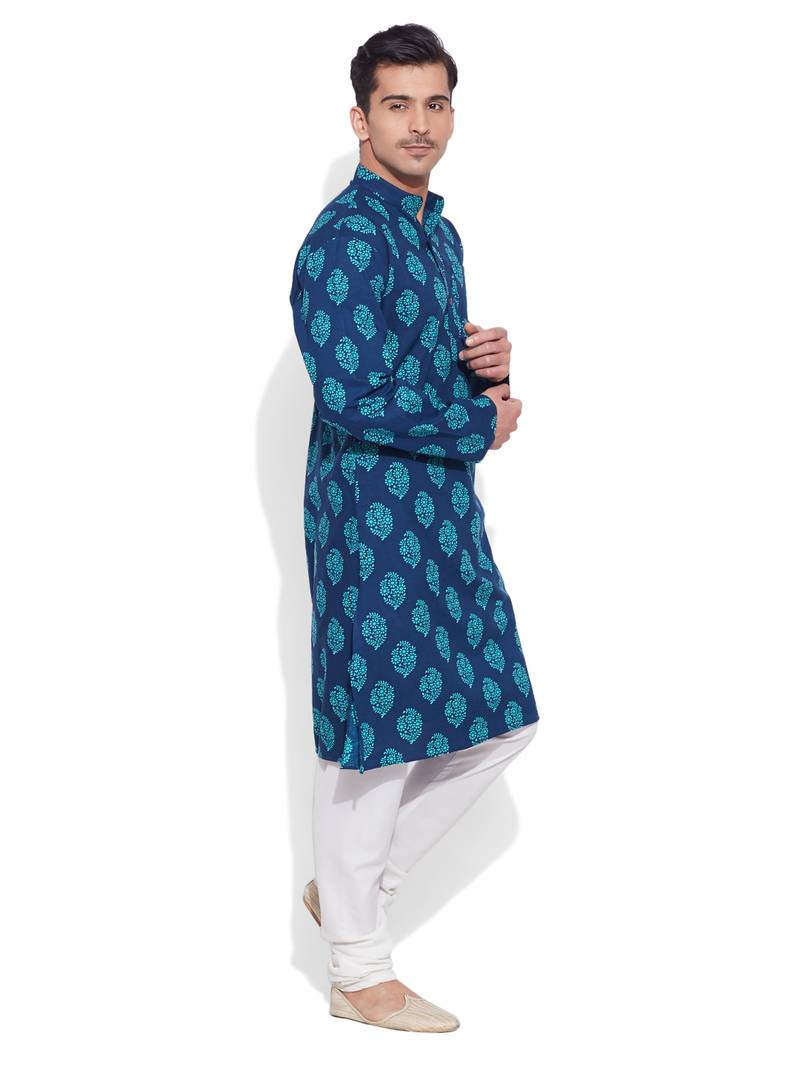 blue cotton printed stitched kurta