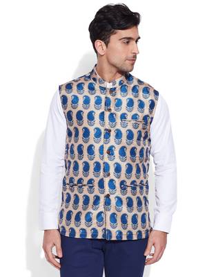 beige printed stitched nehru jacket 1