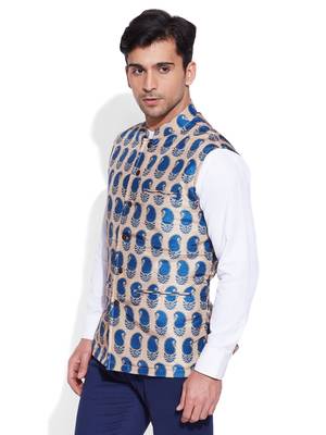 beige printed stitched nehru jacket 2
