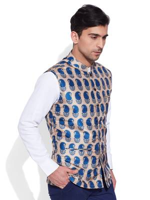 beige printed stitched nehru jacket 3