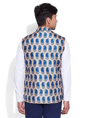 beige printed stitched nehru jacket 4