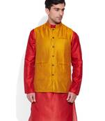 yellow printed stitched nehru jacket