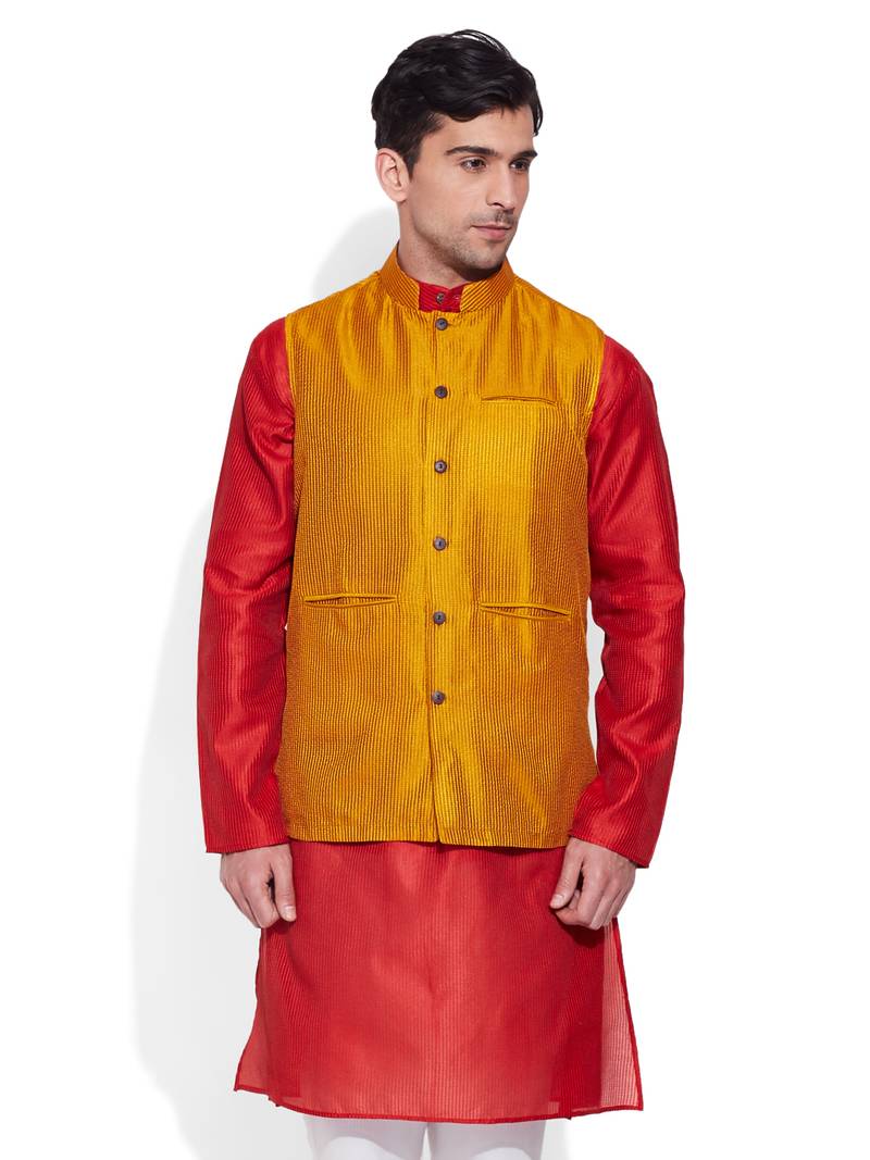 yellow printed stitched nehru jacket