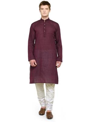 Maroon Plain Full Sleeves Kurta Pyjama Set For Men 1