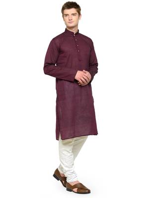 Maroon Plain Full Sleeves Kurta Pyjama Set For Men 2
