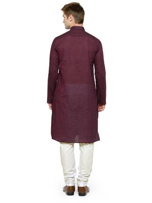 Maroon Plain Full Sleeves Kurta Pyjama Set For Men 3