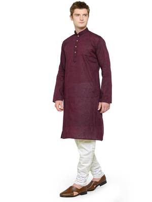 Maroon Plain Full Sleeves Kurta Pyjama Set For Men 4