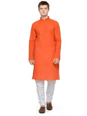 Orange and White Full Sleeves Kurta Pyjama Set For Men 1