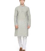 Grey and White Cotton Kurta Pyjama Set For Men