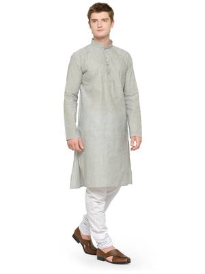 Grey and White Cotton Kurta Pyjama Set For Men 2