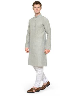 Grey and White Cotton Kurta Pyjama Set For Men 4