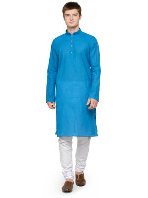 Blue and White Plain Cotton Kurta Pyjama Set For Men 1