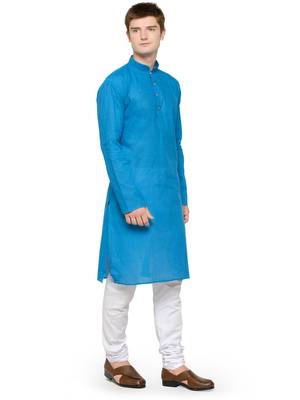 Blue and White Plain Cotton Kurta Pyjama Set For Men 2
