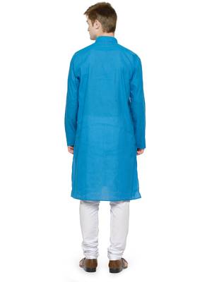 Blue and White Plain Cotton Kurta Pyjama Set For Men 3