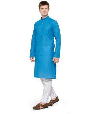 Blue and White Plain Cotton Kurta Pyjama Set For Men 4