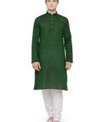 Green and White Full Sleeves Plain Kurta Pyjama Set For Men
