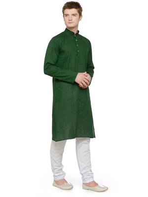 Green and White Full Sleeves Plain Kurta Pyjama Set For Men 2