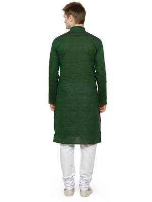 Green and White Full Sleeves Plain Kurta Pyjama Set For Men 3