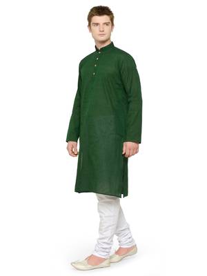 Green and White Full Sleeves Plain Kurta Pyjama Set For Men 4