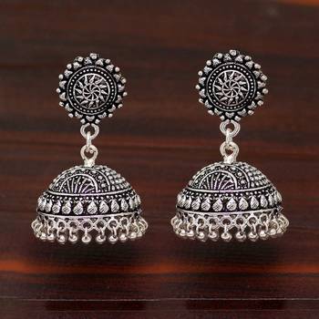 Splendid Flower Design Silver Oxidised Metal Jhumki Earring For Women And Girls 4