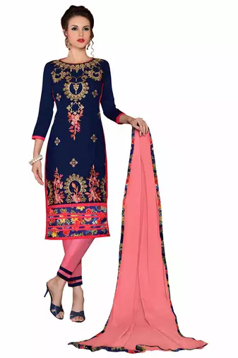 Blue Embroidered Cotton Salwar With Dupatta