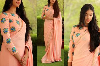 Peach embroidered georgette saree with blouse 1