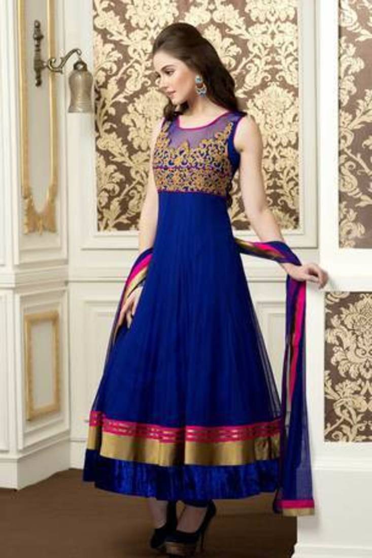 Beautiful Royal Blue Net Fabric Lace Worked Designer Anarkali Salwar -  mirraw test - 295188