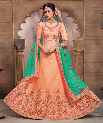 Coral embroidered silk unstitched lehenga 1