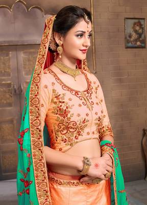 Coral embroidered silk unstitched lehenga 2