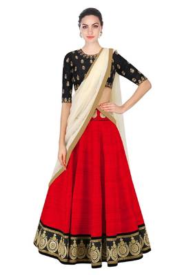 Red embroidered silk semi-stitched lehenga choli with dupatta 1