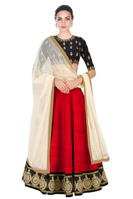 Red embroidered silk semi-stitched lehenga choli with dupatta 2