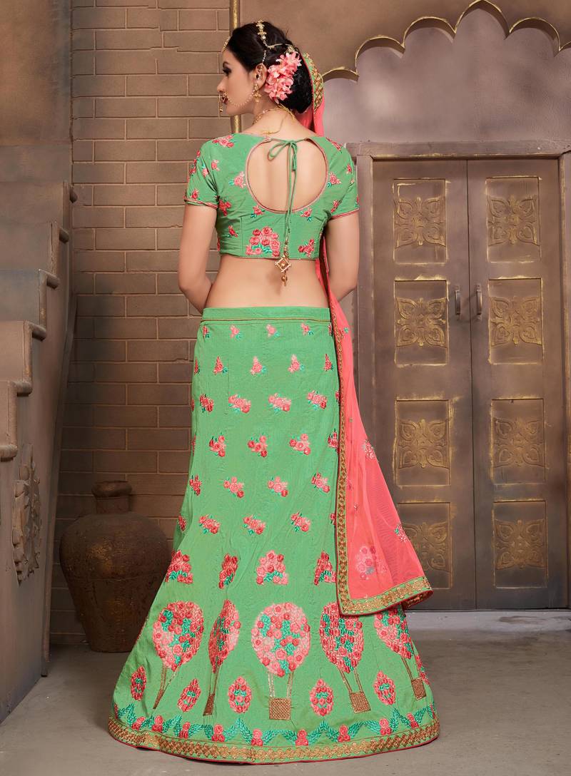 Parrot green embroidered silk unstitched lehenga - Monjolika - 2208552