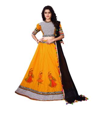 Yellow embroidered cotton semi stitched
 lehenga 1