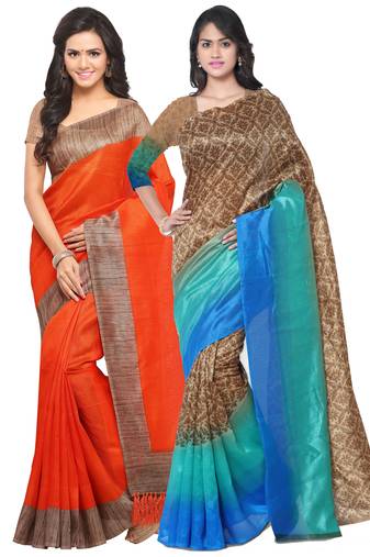 Multicolor Printed Tussar Silk Saree With Blouse