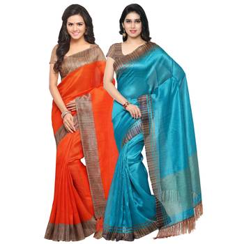 Multicolor Plain Tussar Silk Saree With Blouse 1