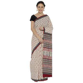 Beige printed cotton saree 1