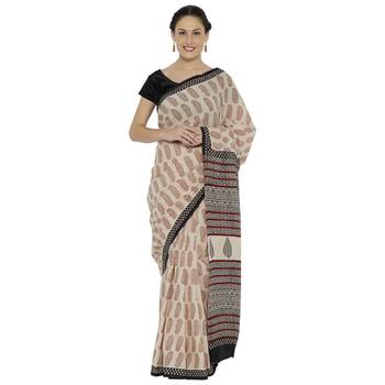 Beige printed cotton saree 1