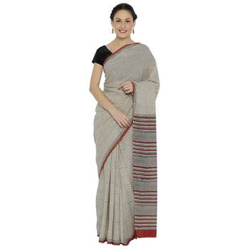 Beige printed cotton saree 1