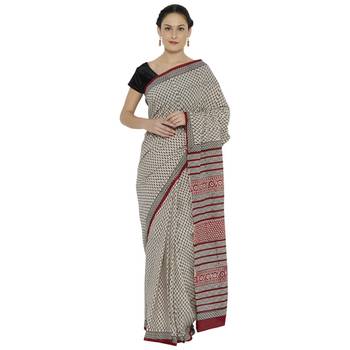 Beige printed cotton saree 1
