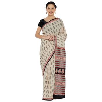 Beige printed cotton saree 1