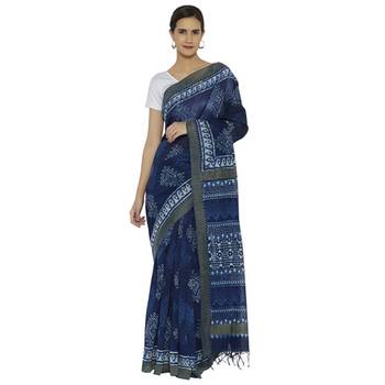 Indigo printed chanderi saree 1