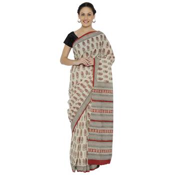 Beige printed cotton saree 1