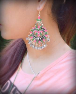 Meenakari Work Afghani Earrings In Alloy Metal  Green & Peach 2