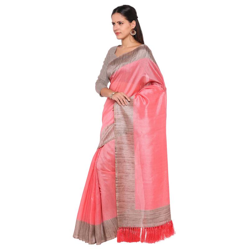 Baby pink plain semi tussar silk saree with blouse
